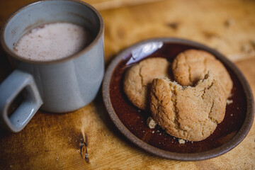a delicious looking batch of snickerdoodle cookies and some warm milk in a rustic looking cup. the cookies are freshly baked and have   Cinnamon and sugar on them. the cow milk is fresh and warm. 