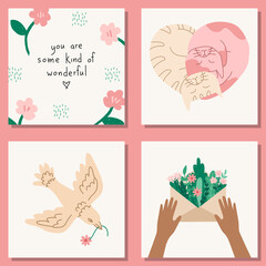 Set of Valentine's Day greeting cards with flowers in modern, trendy colors.
