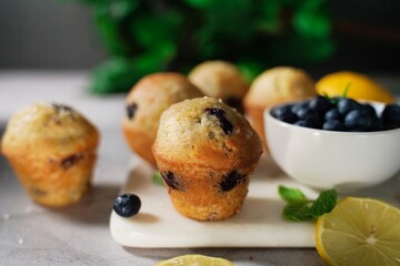 Homemade Lemon Blueberry Muffins, selective focus