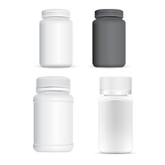 Plastic pill bottle. White supplement jar, 3d container blank. Medicine tablet pharmaceutical packaging mockup. Prescription capsule, aspirin drug jar template mock up illustration