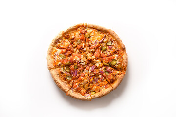 Italian pizza with tomato,cucumber, mozzarella cheese, sauce isolated on white. Delivery food. View from above.
