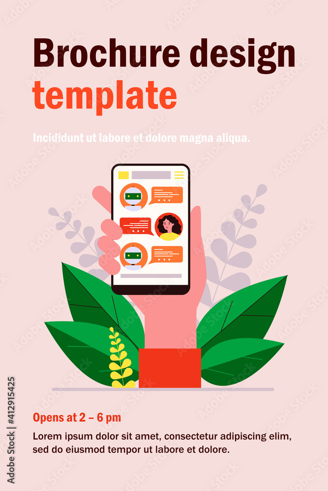 Poster hand holding smartphone with text messages flat vector illustration. modern mobile screen with onlin