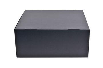 Black cardboard box for things and gifts. Isolated on a white background