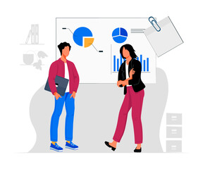 Business analytics concept with woman and man examining diagrams. Flat vector illustration isolated on white background for webpage or presentation poster.