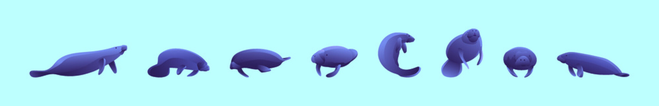 set of manate cartoon icon design template with various models. vector illustration isolated on blue background