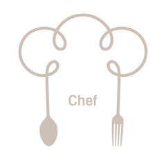 Vector line logo, chef symbol. Chef's hat finished with a spoon and fork. Isolated on white background.