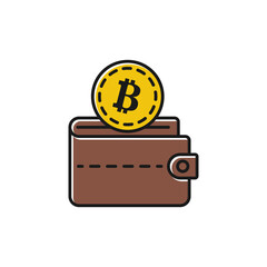 Bitcoin wallet black line minimal design. Modern earnings and savings. Electronic money is issued in a leather wallet. Vector illustration flat style. Isolated on white background.
