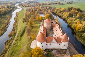 Bauska town aerial panorama with Bauska medieval castle - obrazy, fototapety, plakaty
