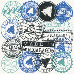 Nicaragua Set of Stamps. Travel Passport Stamps. Made In Product. Design Seals in Old Style Insignia. Icon Clip Art Vector Collection.