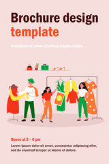 Shop sellers and assistance hanging clothes and price tags on racks. Main master designer dressing mannequin. Vector illustration for boutique, fashion house, industry, clothing design concept