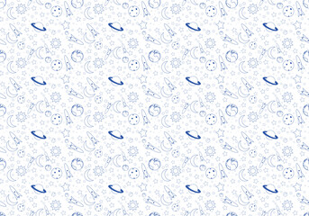  Patrón o estampado infantil o juvenil con motivos de astronomía, la Tierra, el sol, planetas, la luna, el cohete espacial y las estrellas de género