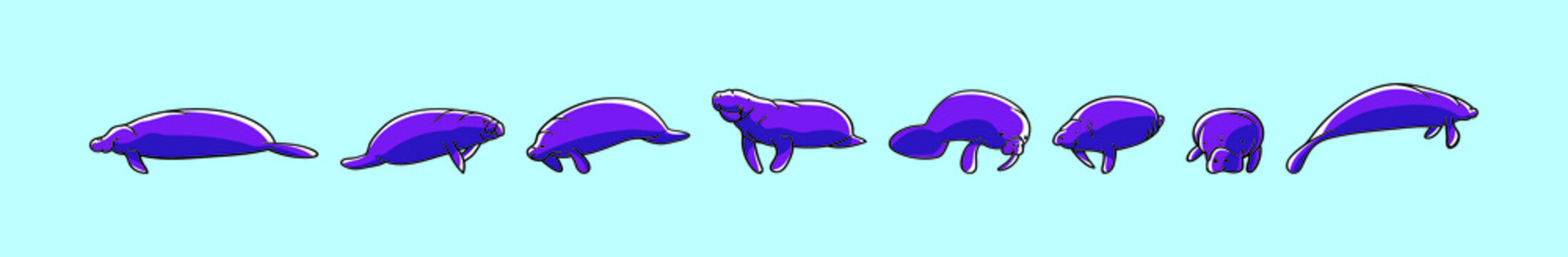 set of manate cartoon icon design template with various models. vector illustration isolated on blue background