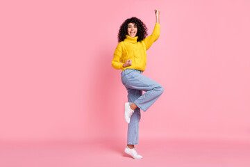 Full length photo of young hispanic girl happy positive smile rejoice win victory fists hands...