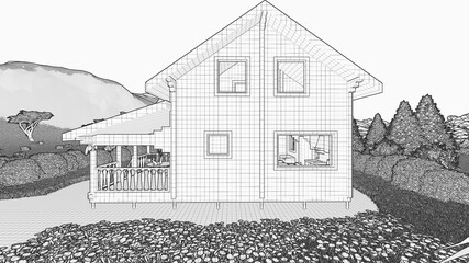 Wooden cottage, villa, house, tiny house made of wooden blocks on the background of the hills. Black and white image for advertising materials