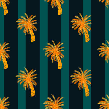 Bright orange doodle palm tree seamless pattern in hand drawn style. Striped blue and black background.
