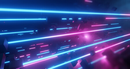 Neon High Tech Digital City and Data abstract. Glowing data and circuitry design or information super highway. 3D render