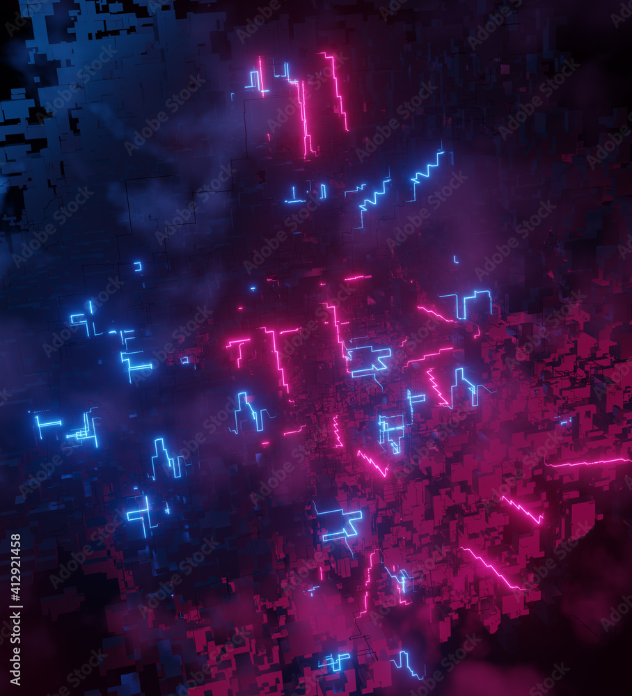 Poster abstract background of neon lights with digital circuit and data. colorful pcb glowing, circuitry de