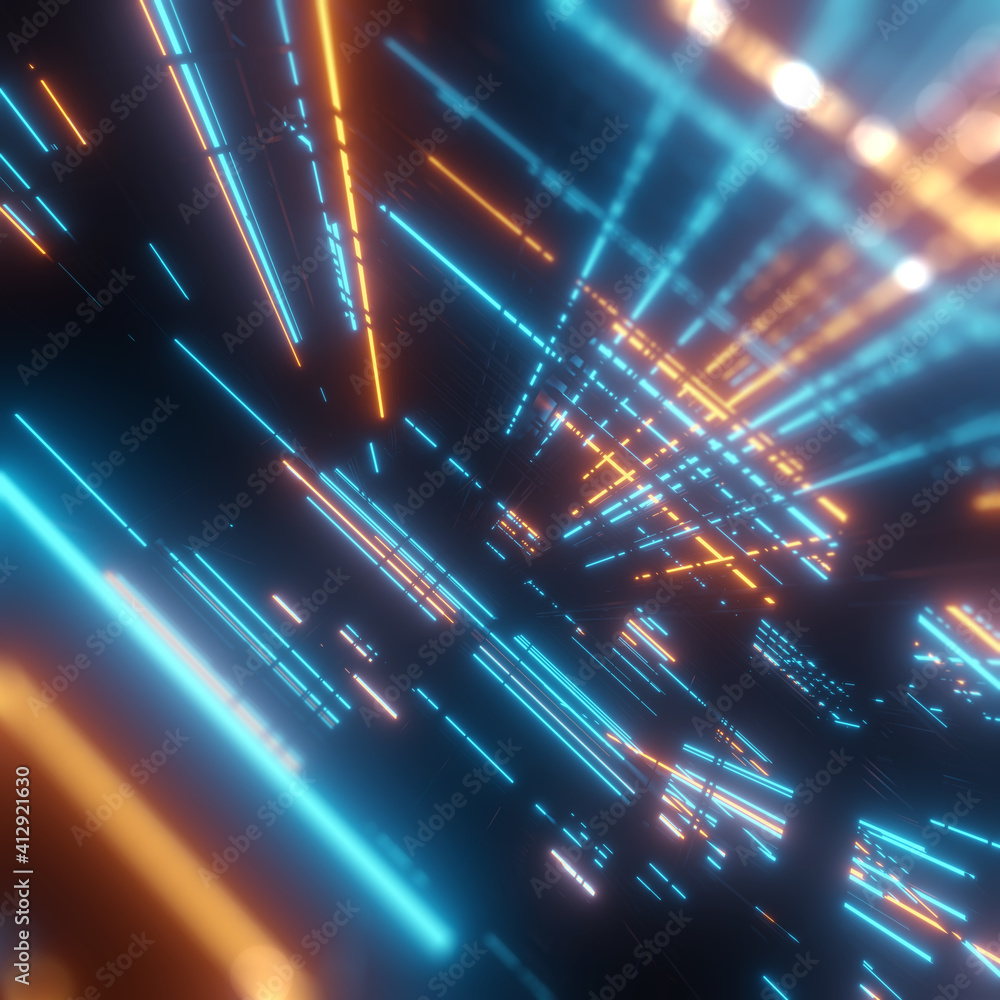 Poster retro-futuristic sci-fi scene with colorful led or neon lights. abstract tech background. 3d render