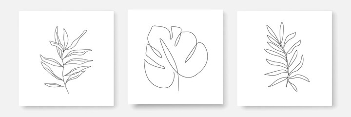 Vector Prints Set of Hand Drawn Line Art Tropical Leaves. Minimalist Trendy Contemporary Design Perfect for Wall Art, Prints, Social Media, Posters, Invitations, Branding Design.