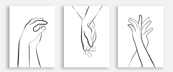 Continuous Line Drawing of Hands Couple Trendy Minimalist Illustrations Set. One Line Abstract Concept. Minimalist Contour Hands Banner. Vector EPS 10.