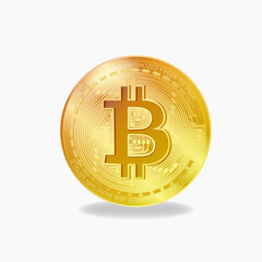 Bitcoin White Background. Gold Coin. Modern Cryptocurrency. Electronic Commercial Currency. Realistic Style. Minimalism. Monetary Unit
