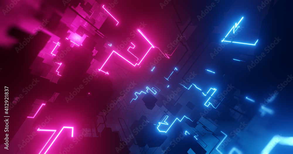Poster dark futuristic city or virtual reality with lightning neon high tech lines. 3d render