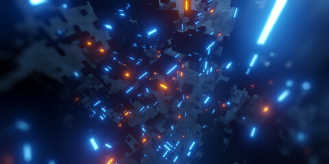 Industrial Abstract landscape, Flying in VR futuristic city. 3D render