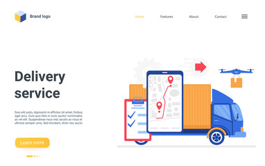 Delivery logistic digital service vector illustration. Cartoon online tracker service for delivering company, gps navigation on map of smart phone, shipping purchases by courier car truck landing page