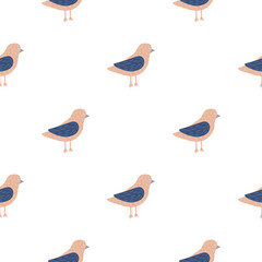Isolated seamless pattern with pink and navy blue colored birds shapes ornament. White background.