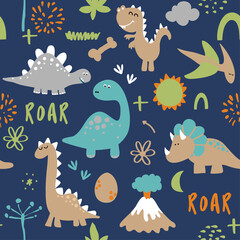 Dino friends. Funny cartoon dinosaurs, bones, and eggs. Cute t rex,  characters. Hand drawn vector doodle set for kids. Good for textiles, nursery, wallpapers, wrapping paper, clothes. Roar words