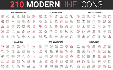210 modern red black thin line icons set of entertainment, summer time, travel cruise, camping, gps navigation, insurance collection vector illustration. © lembergvector