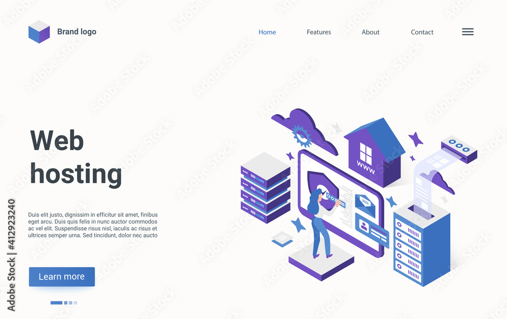 Aufkleber web hosting technology isometric vector illustration. cartoon 3d engineer tech worker character work