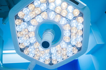 Surgical lamp close-up on the background of a modern operating room in the clinic. Lamp in operating room in hospital.