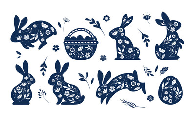 Happy Easter, decorated easter card, banner. Bunnies, Easter eggs, flowers and basket. Folk style patterned design. 