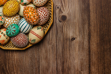 Colorful Easter Egg banner.Above view with copy space.Happy Easter decoration background,colorful hand painted decorated eggs.Festive tradition for Eastern European countries.Holiday Still life photo.