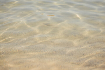 Clean sea water. Sand can be seen through small waves. - 412923420