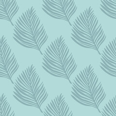 Pastel pale seamless pattern with exotic foliage fern leaf print. Blue background. Simple design.