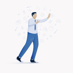 The concept of information overload and stress, non-compliance with digital hygiene. A person groping, putting his hands forward, makes his way through the wave of information flow.