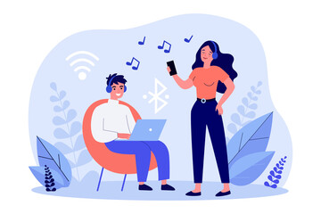 People listening to music online on digital devices. Music app users with laptop and smartphone. Flat vector illustration. Multimedia application concept for banner, website design or landing web page