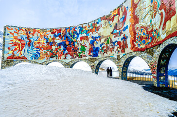 Georgia, Russia–Georgia Friendship Monument situated on the georgian military highway near the...