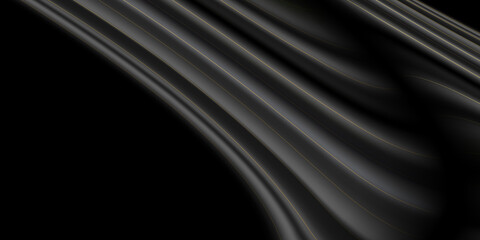Satin black silk curtain with gold folds. Abstract background. Abstract black background with gold line. Abstract futuristic gold black light on black background