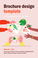 Diverse kids creating craftworks. Hands of children painting, scrapbooking, embroidering. Vector illustration for creative craft art, handmade work, workshop concept