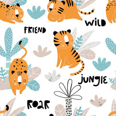 Vector hand-drawn seamless repeating color childish pattern with wild cats, plants and palms in Scandinavian style on a white background. Print with tigers and jaguars. Jungle animals.