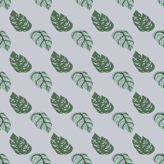 Grey and blue tones pastel palette seamless pattern with hand drawn monstera ornament. Botanic backdrop.