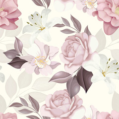  Beautiful seamless pattern beautiful flower and leaves Premium Vector