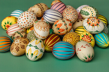 Happy Easter.Colorful hand painted decorated Easter eggs. Handmade Easter craft.Spring decoration background. DIY Festive traditional symbols.Holiday Still life photo selective focus.