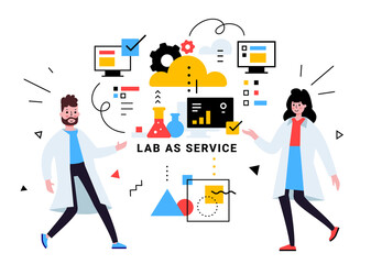 Vector business illustration of scientist people in white coat with lab service