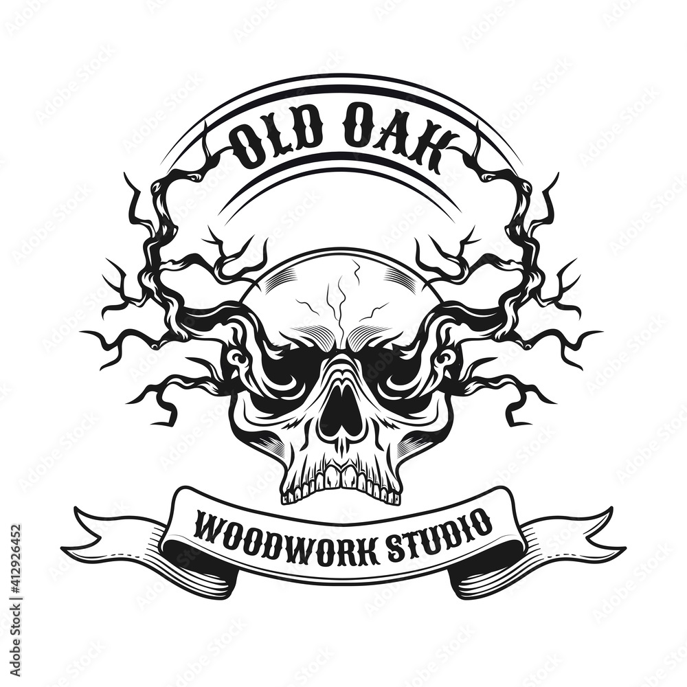 Poster old oak shop emblem design. monochrome element with leafless tree branches and skull vector illustra