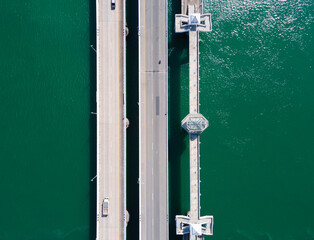 Sarasin Bridge Phuket Thailand. Aerial view landmark of Thailand. Sarasin bridge transportation and high way road on the sea water. Phuket, Thailand. On Jan 2021