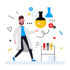 Vector business illustration of scientist man in white coat with lab service, man work in laboratory with flask